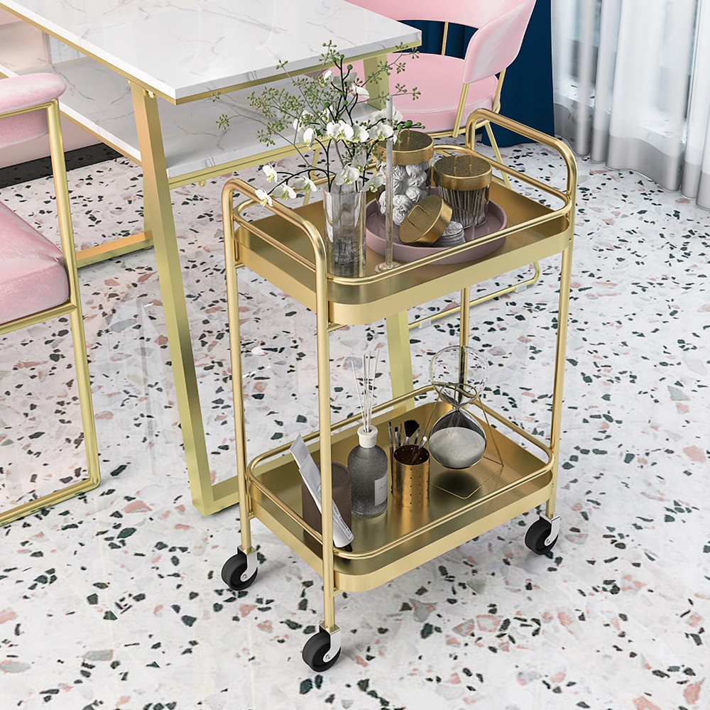 Modern 2-Tier Rolling Bar Serving Cart Metal for Kitchen in Gold window image