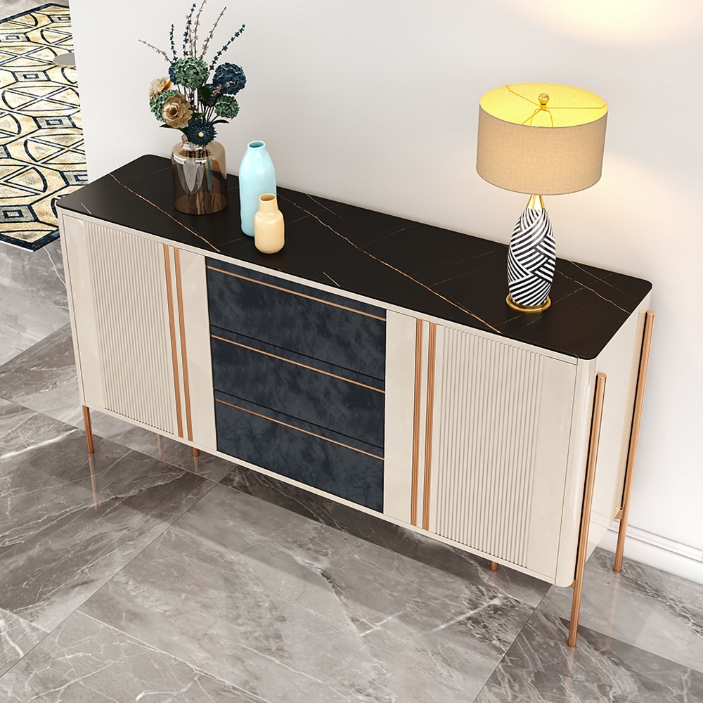 Contemporary White&Black Sideboard Buffet 3 Velvet Upholstery Drawers & 2 Doors and Shelves window image