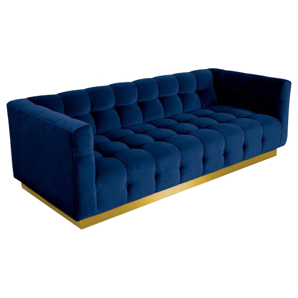 Contemporary Button-Tufted Deep Blue Velvet Living Room Sofa with Gold Stainless Steel Base Pillows Included window image