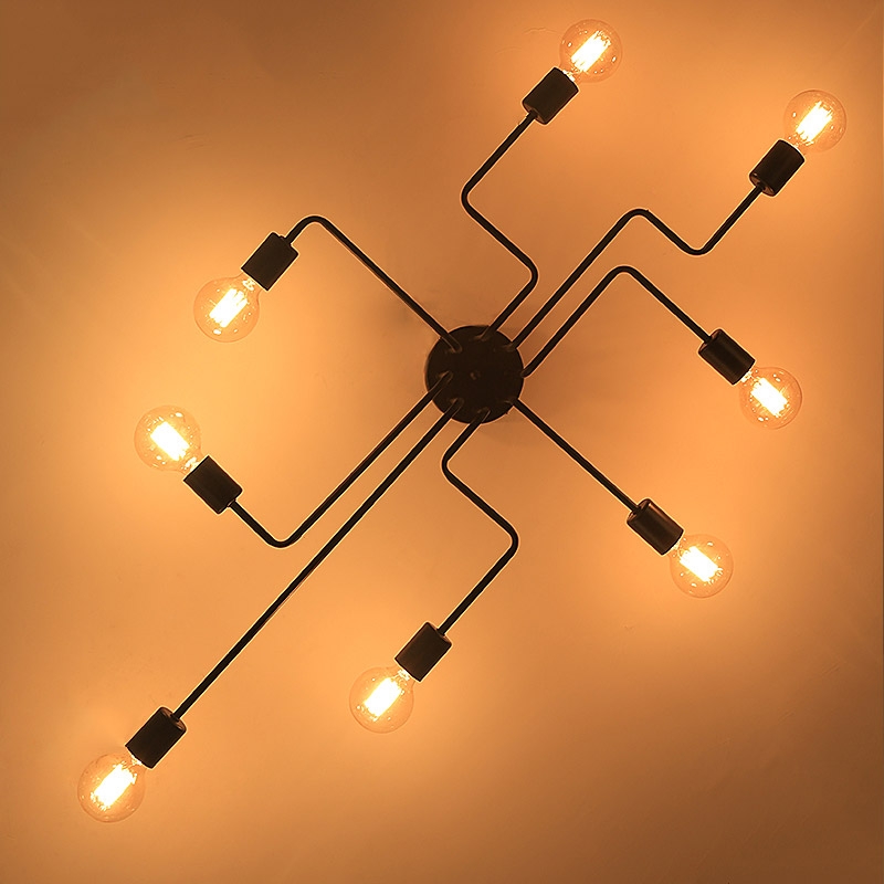 Industrial Creative Black Metal 8-Light Semi Flush Mount Ceiling Light & Exposed Globe Bulb window image