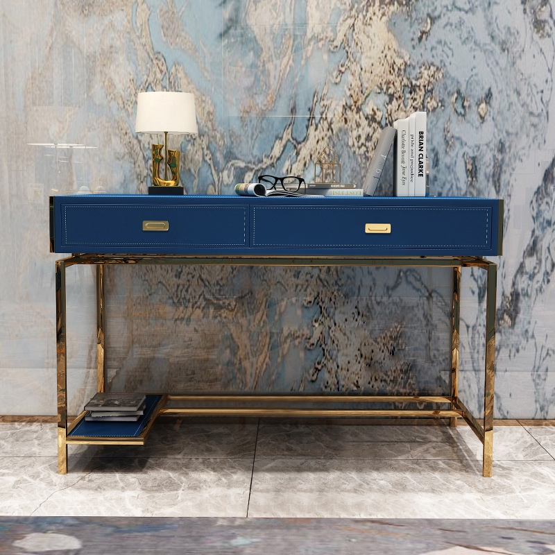 Modern Blue Faux Leather Office Desk Computer Desk with Drawers & Shelf in Gold Finish window image