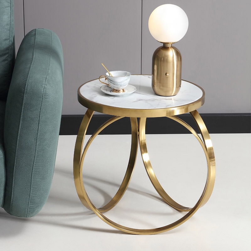 Marble End Table Modern Faux Marble Round Side Table Gold Stainless Steel window image