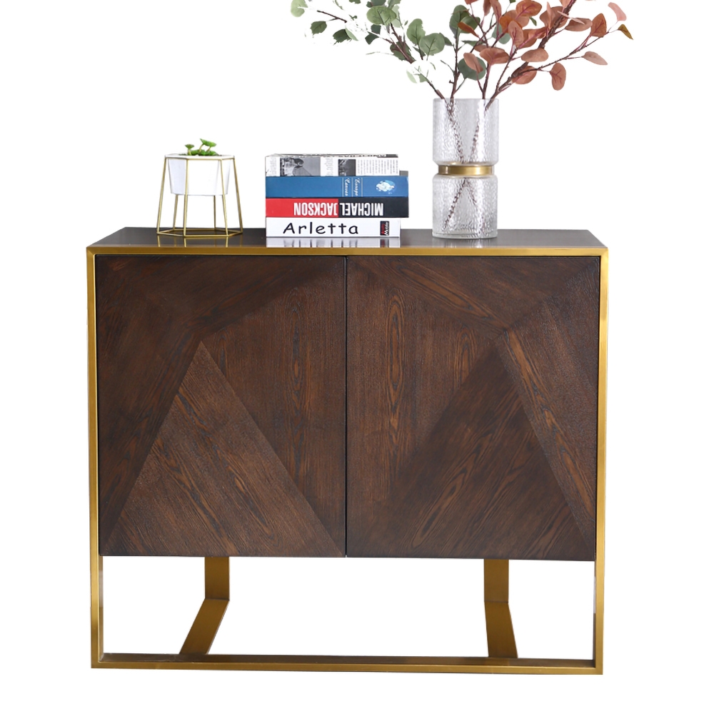 Modern Brown Sideboard Buffet with Doors&Shelves Kitchen Cabinet Gold Finish in Small window image