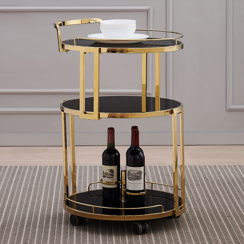 Rolling 3-Tier Round Bar Cart Gold and Black with Wheel & Handle window image