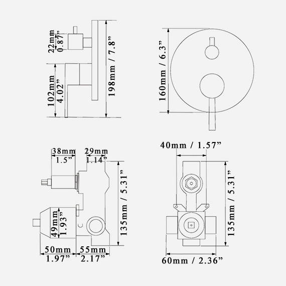 Válvula misturadora de chuveiro redonda de dupla função preta fosca moderna de 2 saídas em latão sólido Imagem da janela