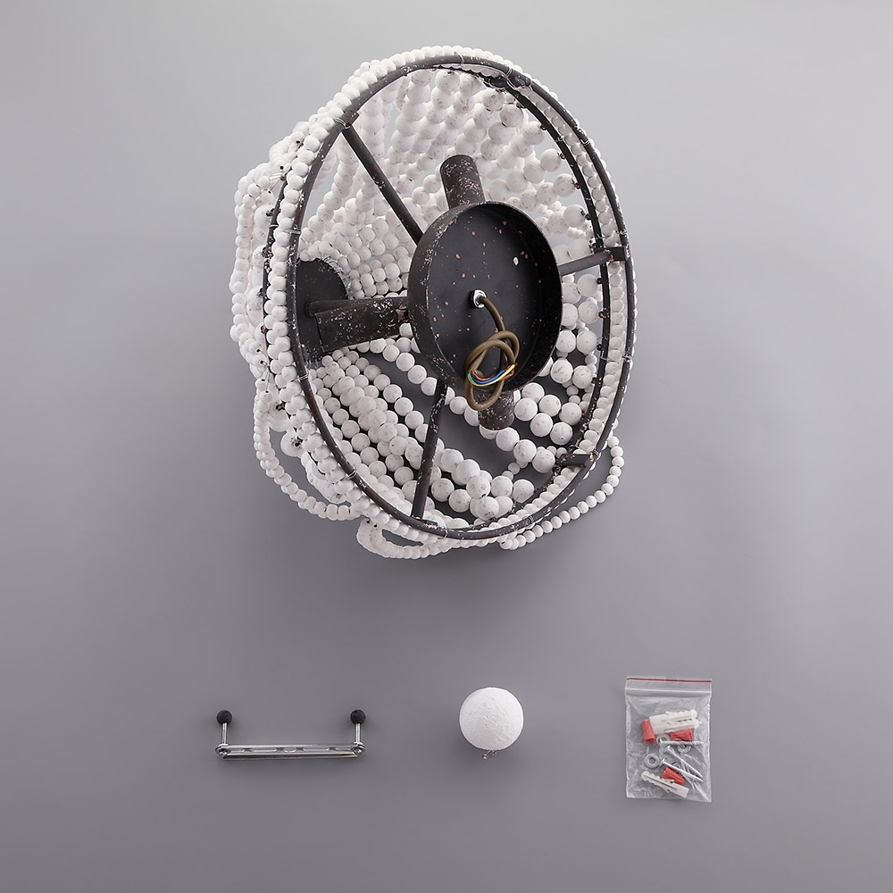 Retro Farmhouse Distressed Wood Bead 3-Light Dome Shaped Flush Mount Ceiling Light in White window image