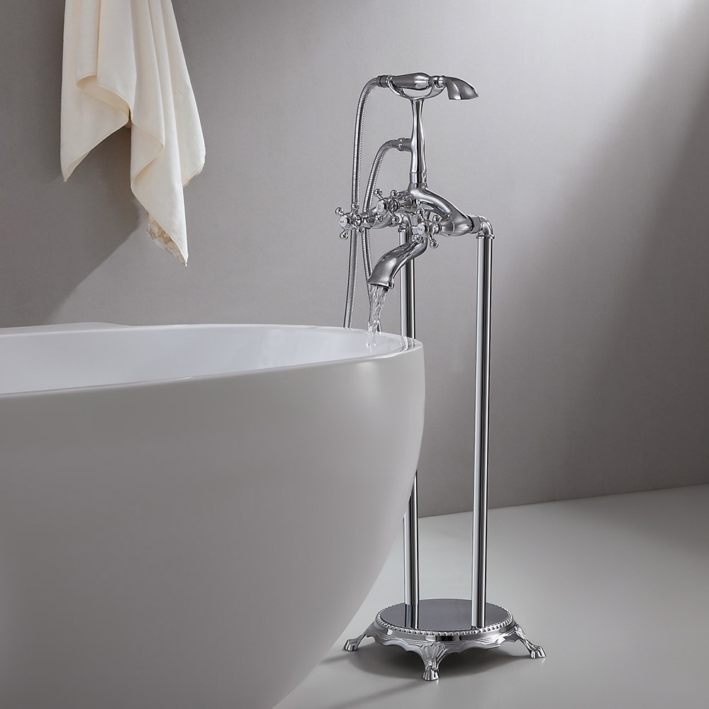 Chester Classic 3 Cross Handles Floor Mounted Clawfoot Tub Filler Faucet with Hand Shower in Chrome window image