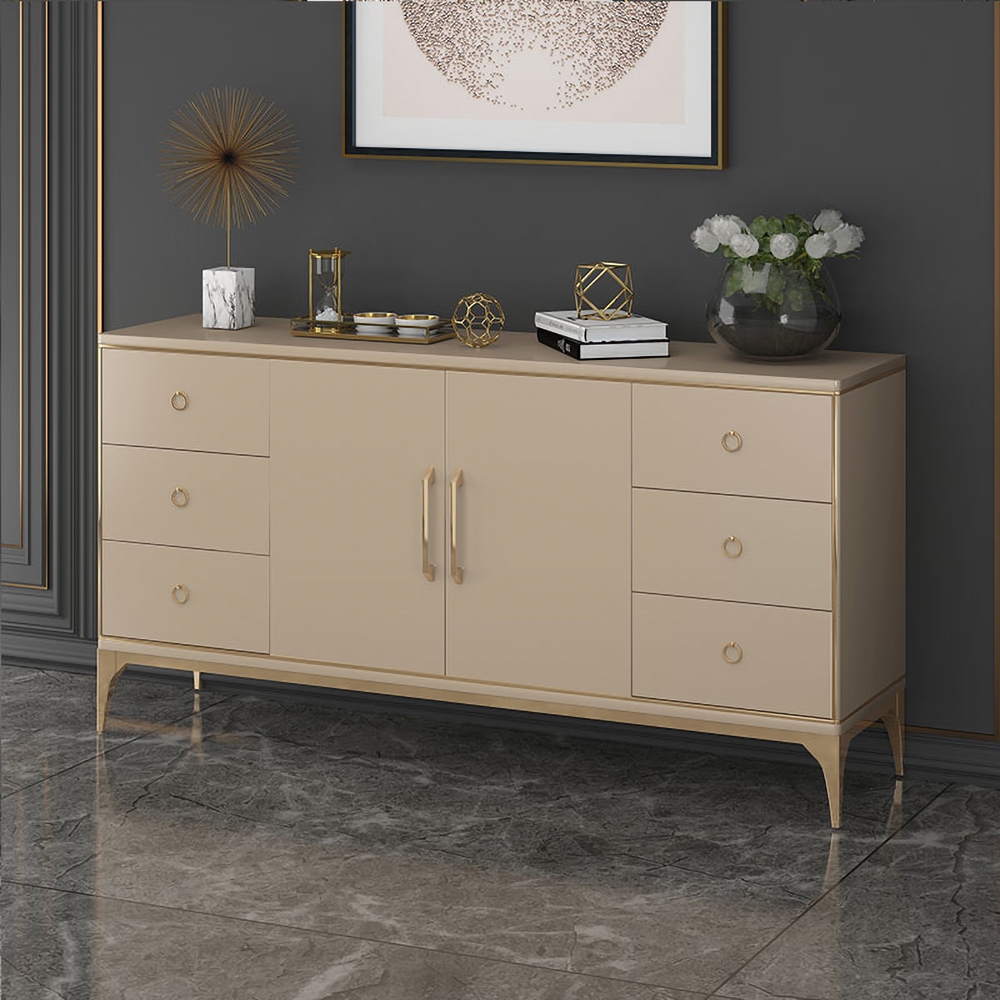 63" Modern Champagne Sideboard Buffet 2-Doors & 6-Drawer Kitchen Cabinet window image