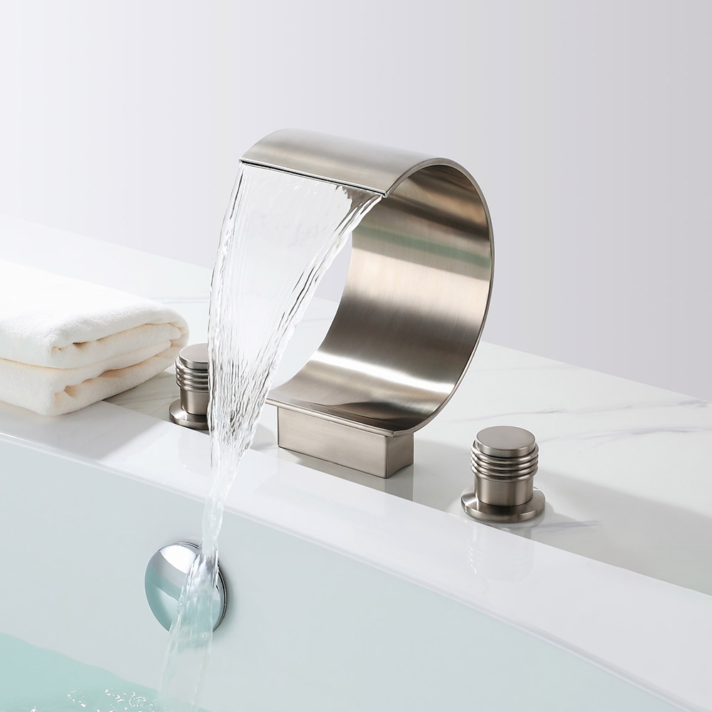 Mooni Contemporary 3-Hole Waterfall Spout Roman Bathtub Filler Tub Faucet in Brushed Nickel Solid Brass window image