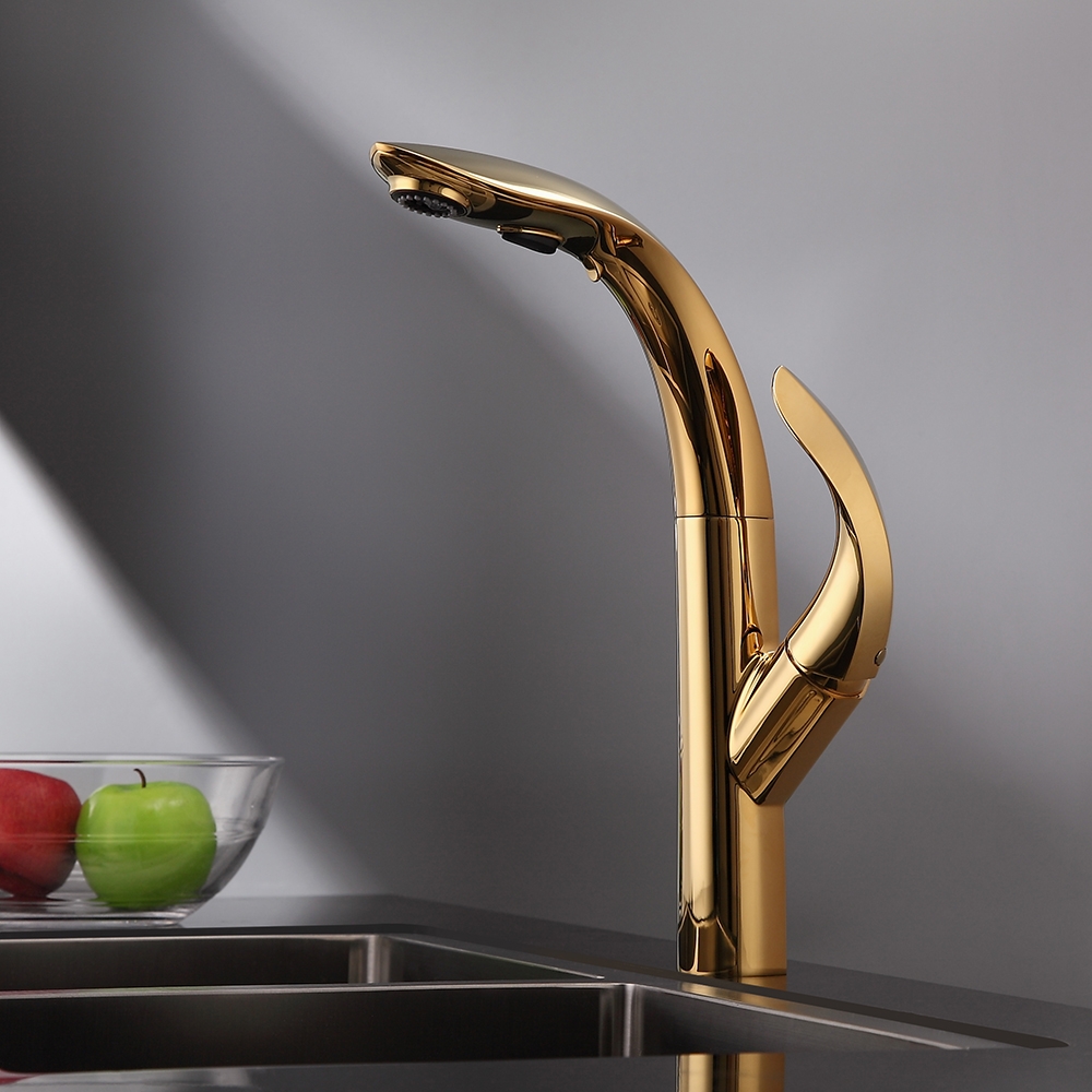 Zime Luxurious Gold 2-Function Pull Down Swivel Kitchen Faucet Single Handle Zinc Alloy Faucet window image