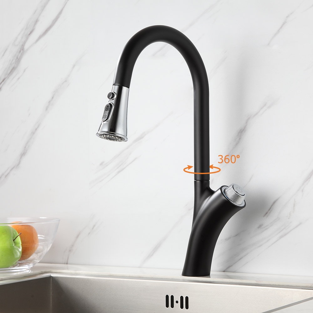 Grifo de cocina extraíble de arco alto negro y cromado con doble función pulverizador de latón macizo Imagen de ventana