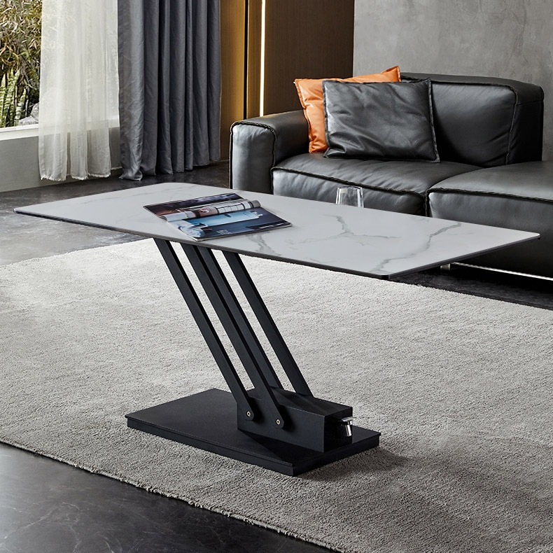 Witte rechthoekige salontafel met verstelbare hoogte en eettafel gesinterde steen Vensterafbeelding