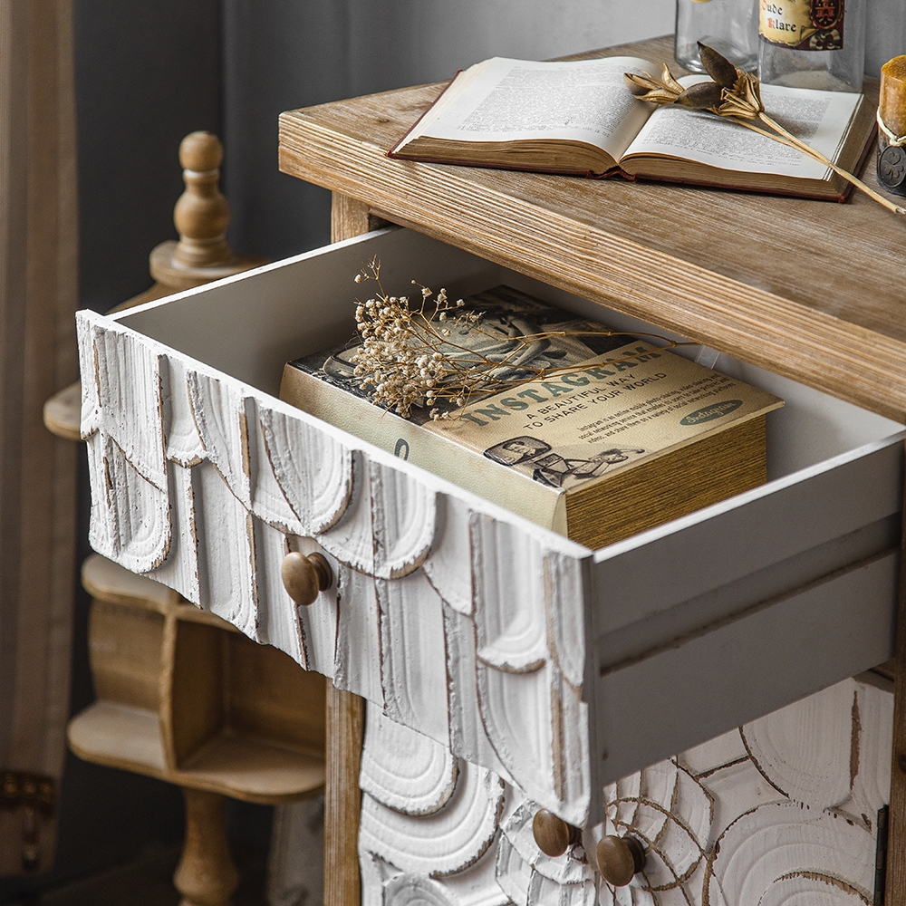 Rustic Distressed White Cabinet Carved Surface with Drawer & Doors window image