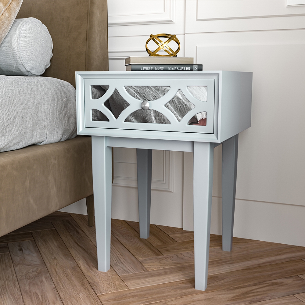 Modern Blue Nightstand with 1 Carved Glass Drawer in High Legs window image