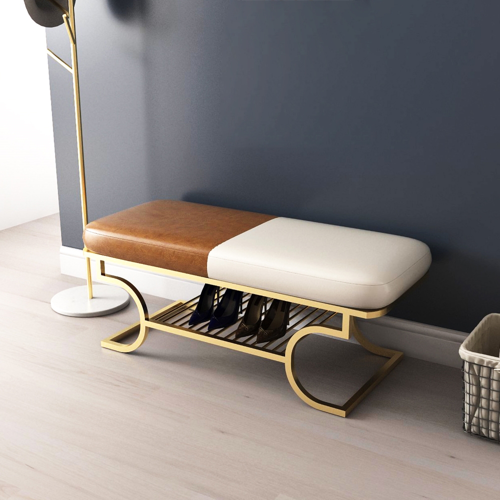 Modern Upholstered Bench Brown & White PU Leather Bench with Shoe Storage window image