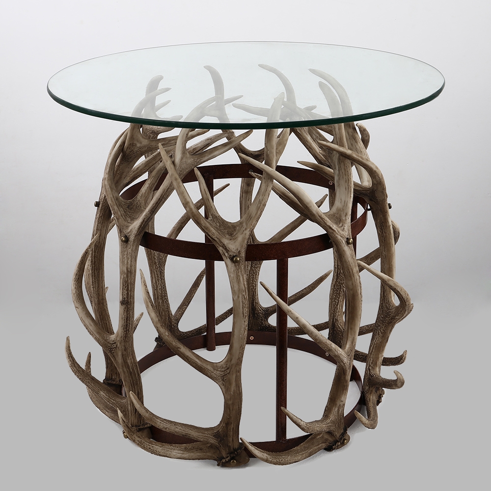 Rustic 24" Glass Side Table Round Antler Table Decorative Antler Drum Base Accent Table window image