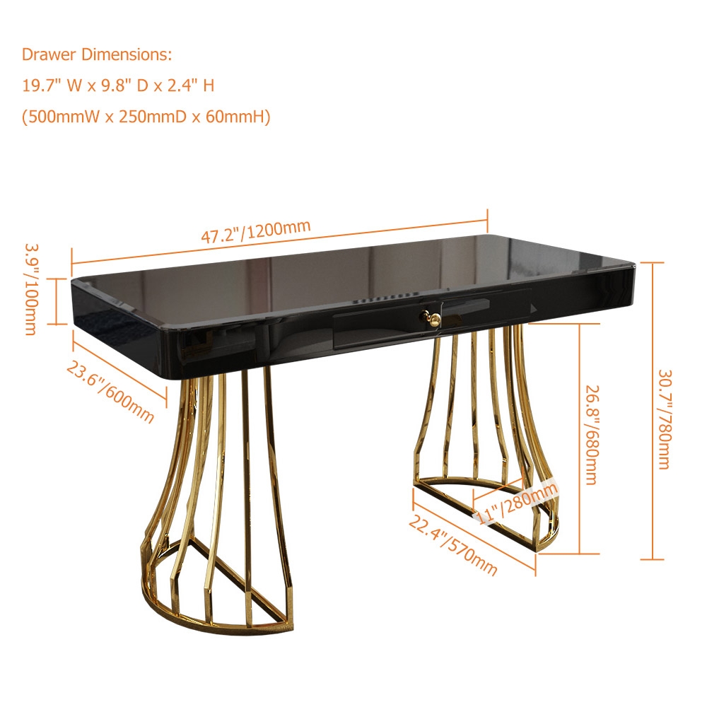 Bureau de bureau moderne en acier inoxydable avec base dorée 1200 mm Noir image de fenêtre