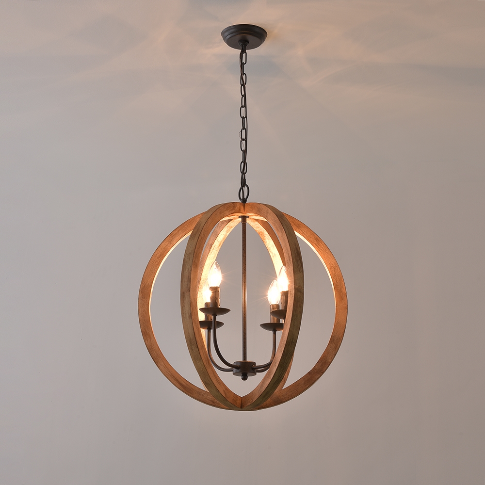 Rustic Vintage 4 Lights Brown Wood Globe Orb Chandelier Rust Metal Candle Light window image