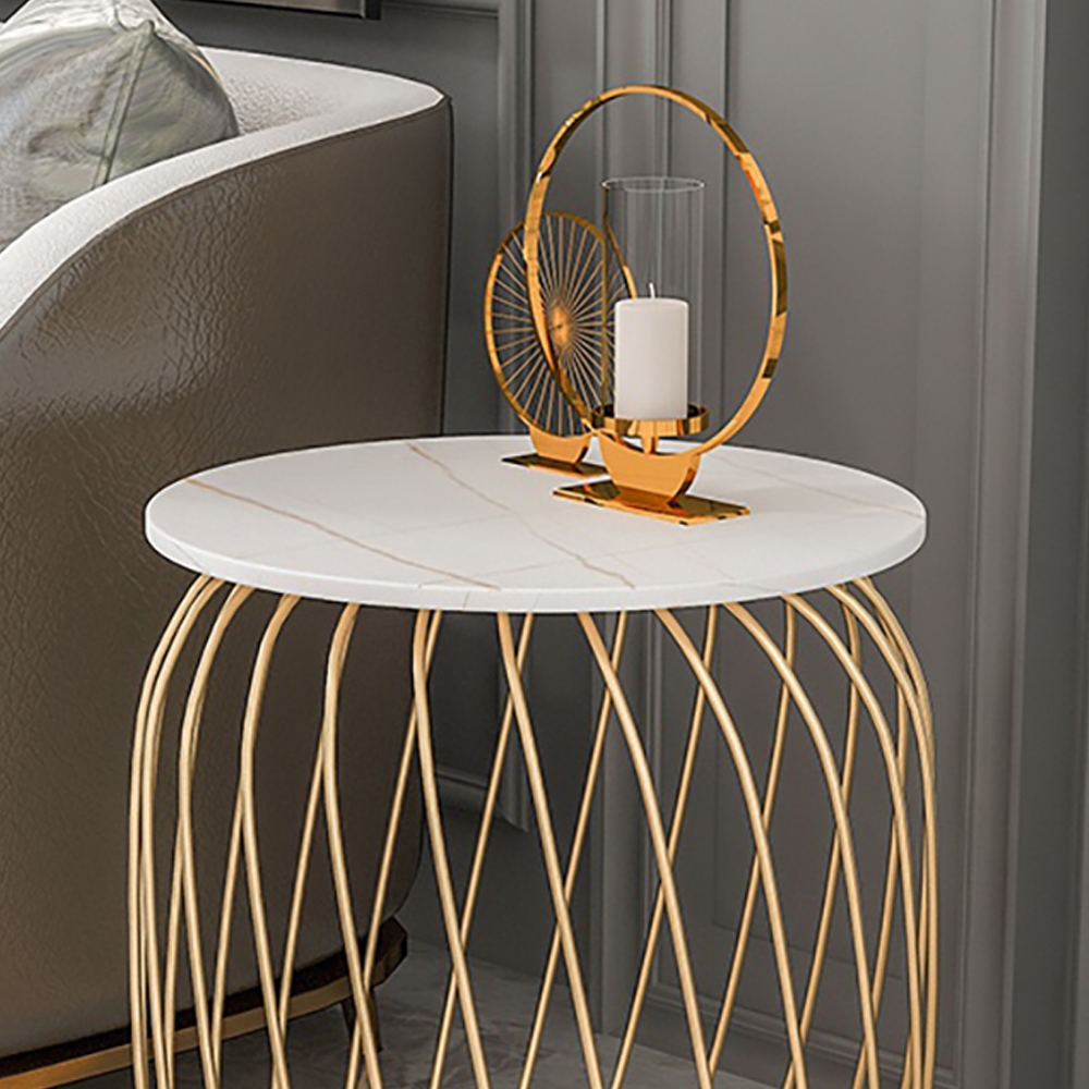 White Modern Round End Table with Sintered Stone Top & Steel Frame Side ...