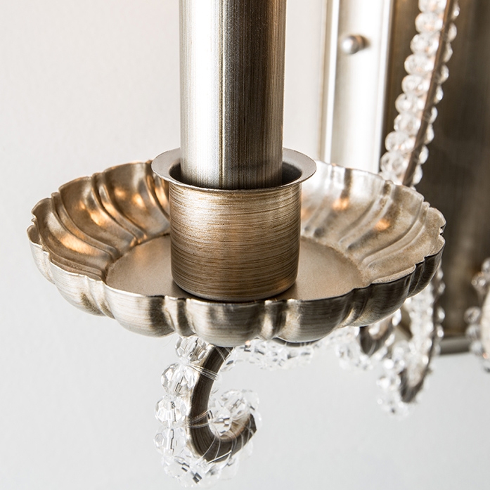 French Country Wall Light Clear Crystal Candle Indoor Wall Light 2-Light in Distressed Brushed Nickel window image