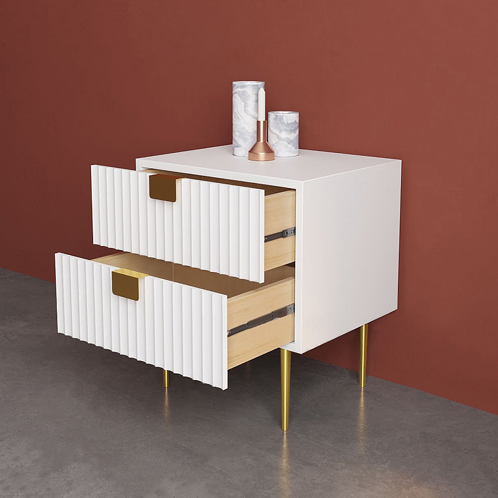 White Modern 2 Drawers Bedroom Nightstand Bedside Table Stainless Steel Base window image