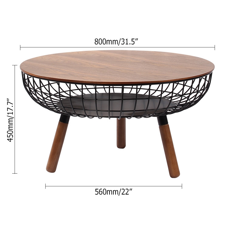 Rustic Round Coffee Table Wood Coffee Table with Basket Storage in Natural&Black window image