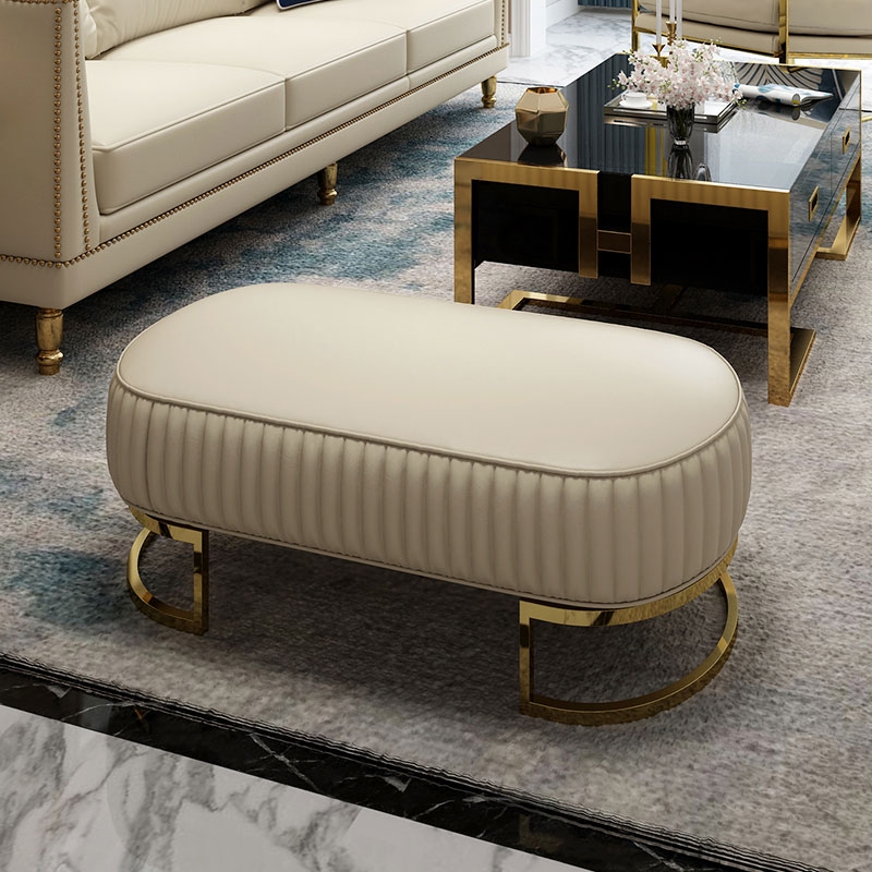 Modern Faux Leather Beige Upholstered Tufted Bench Gold Metal Bench Small window image