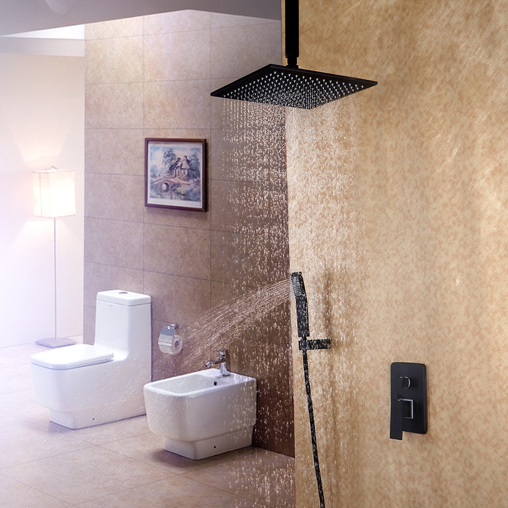 Dree Contemporary 1-Handle Solid Brass Ceiling Mount 12" Square Rain Shower & Hand Shower Set in Matte Black window image