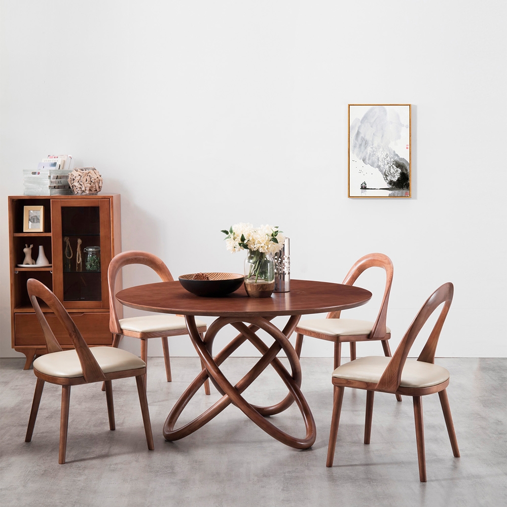 Modern Unique Design Round Solid Wood Dining Table 48" Ash Table in Walnut Finish window image