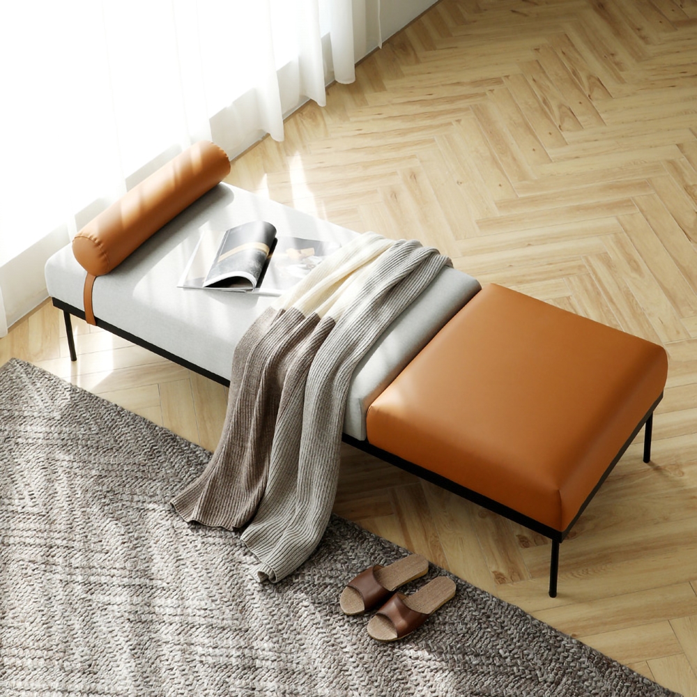 Modern Rectangular Ottoman Grey&Brown PU Leather and Cotton Upholstered Bench window image