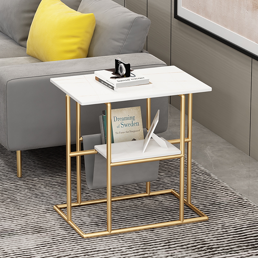 Black/ White Modern End Table with Shelf Sintered Stone Top & Metal Frame Side Table window image