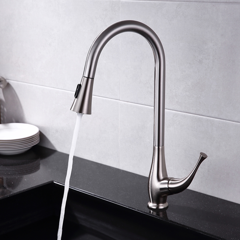Modern Touch Pull Out Kitchen Faucet Brushed Nickel Single Handle Dual Function Faucet window image