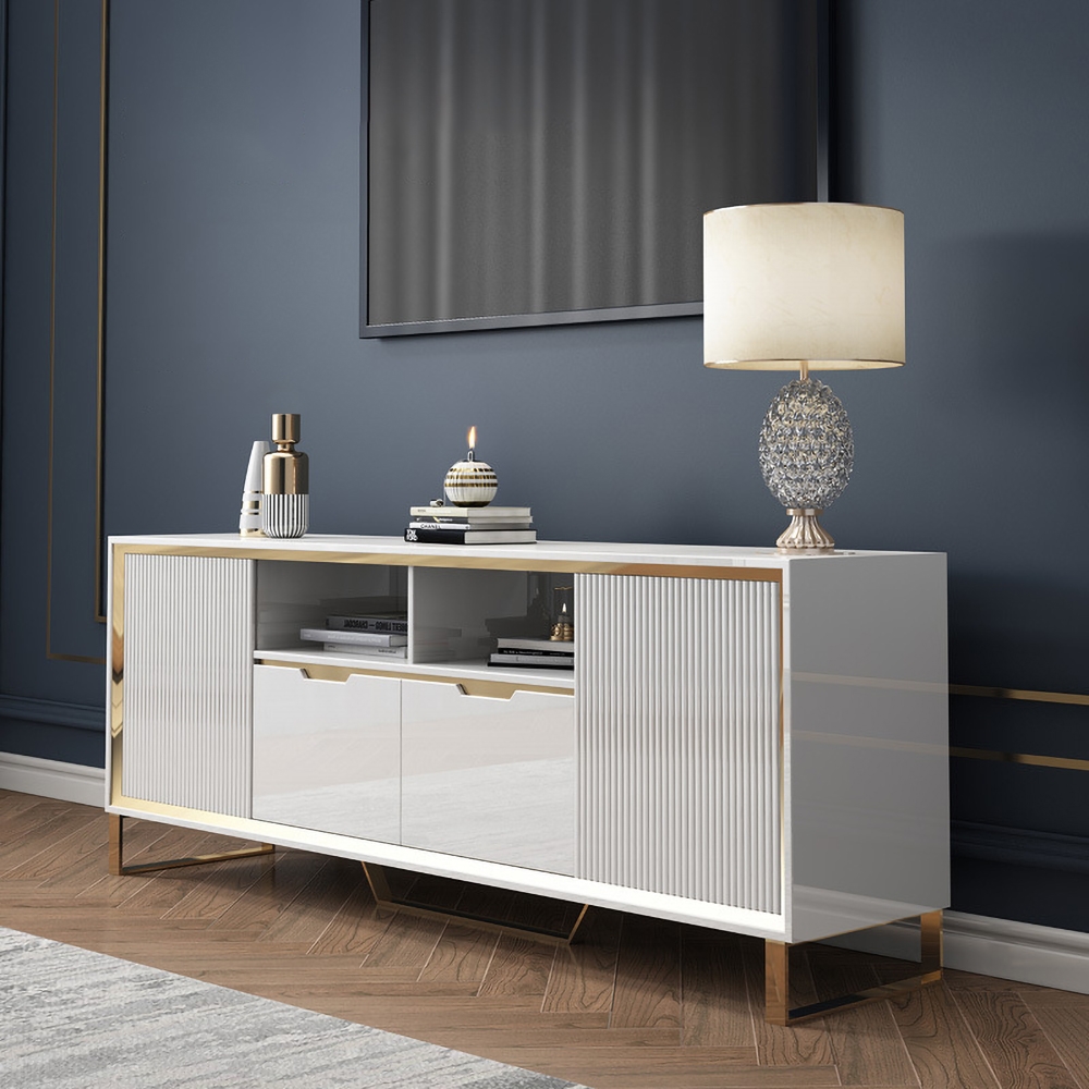 Minimalist White TV Stand Media Console with 2 Drawers & 2 Doors in Small window image