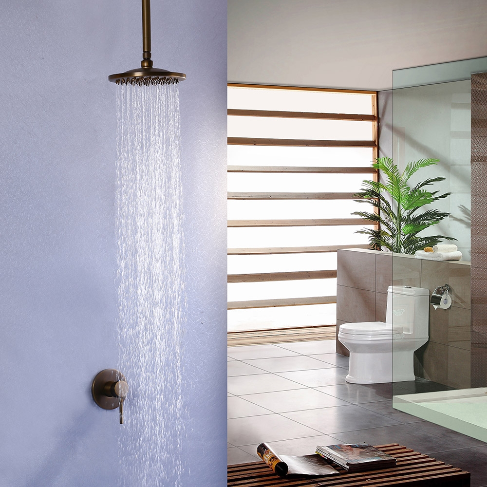 Brewst Antique Brass Ceiling Rain Shower Head Only Wall-Mount Shower System & Single Lever window image