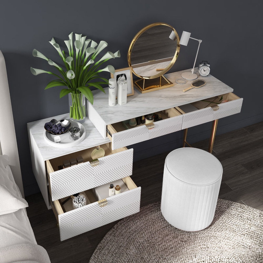 Modern White Makeup Vanity Set with Storage Dressing Table with Mirror & Stool & Cabinet window image