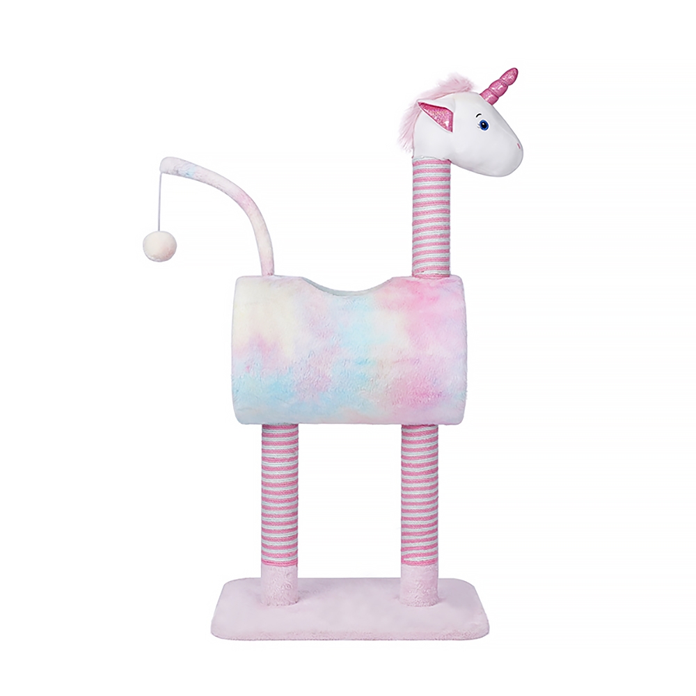 41" Unicorn Cat Tree Tunnel Claw-Scratch Post Sisal Teasing Ball Irridescent window image