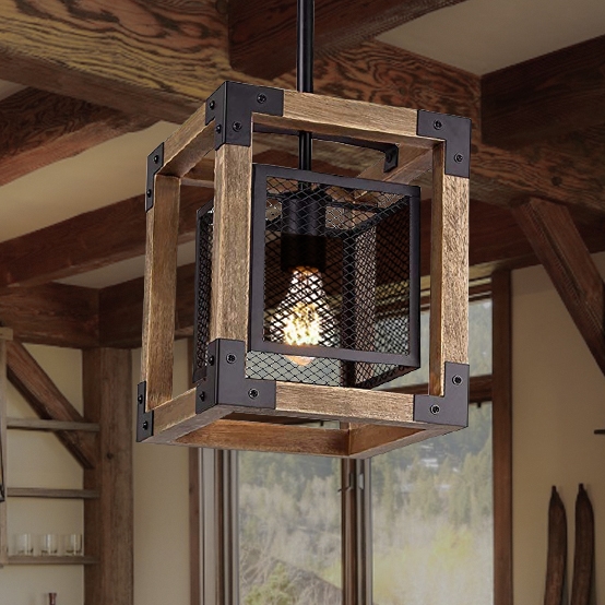 Farmhouse 1-Light Lantern Pendant Light Industrial Black Metal Wire Cage Wood Ceiling Light window image