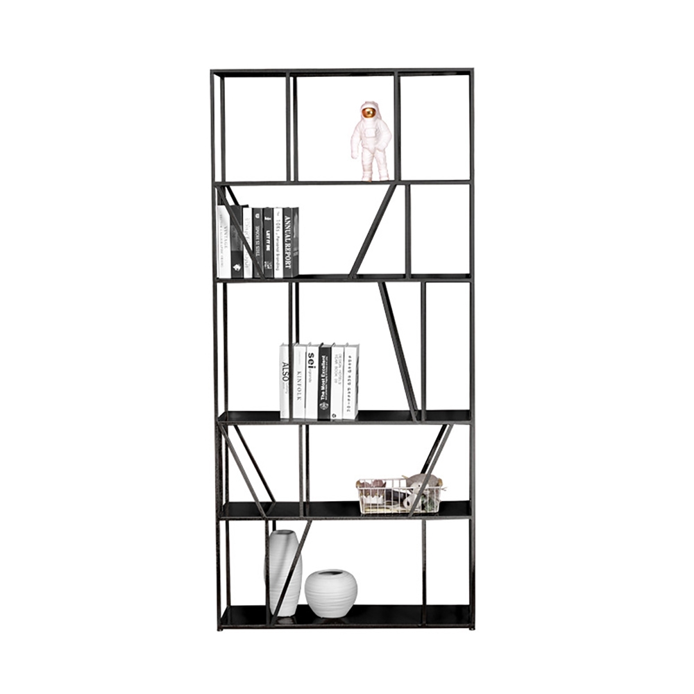 Black Modern Geometric Bookshelf Metal Shelving with 5-Tier Shelf window image