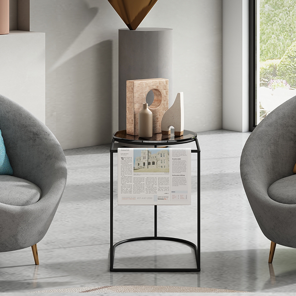 Modern Metal Side Table Black Side Table with Newspaper Rack window image