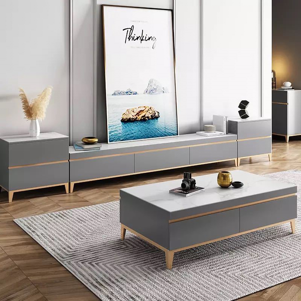 Moderne grijze salontafel met rechthoekige accenttafel Vensterafbeelding