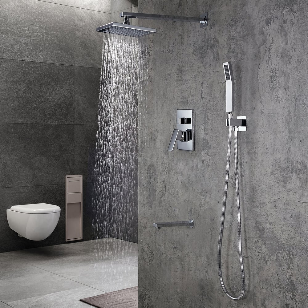 Dree Solid Brass Wall Mounted 16" Square Rainshower Handshower and Tub Spout Shower Combo Set in Polished Chrome window image