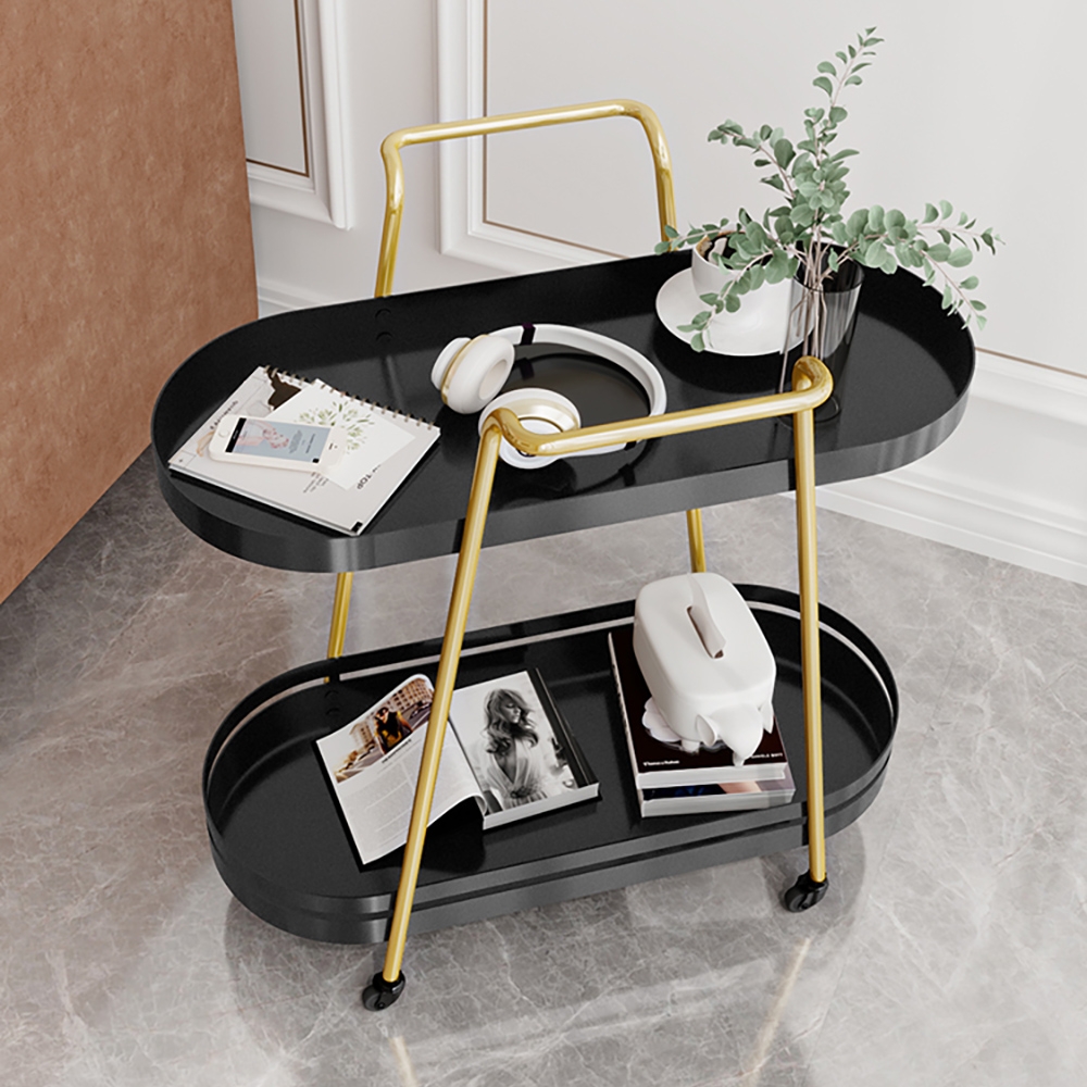 Modern Metal Shelving Freestanding with 2 Shelf & 4 Wheels End Table Black&Gold window image