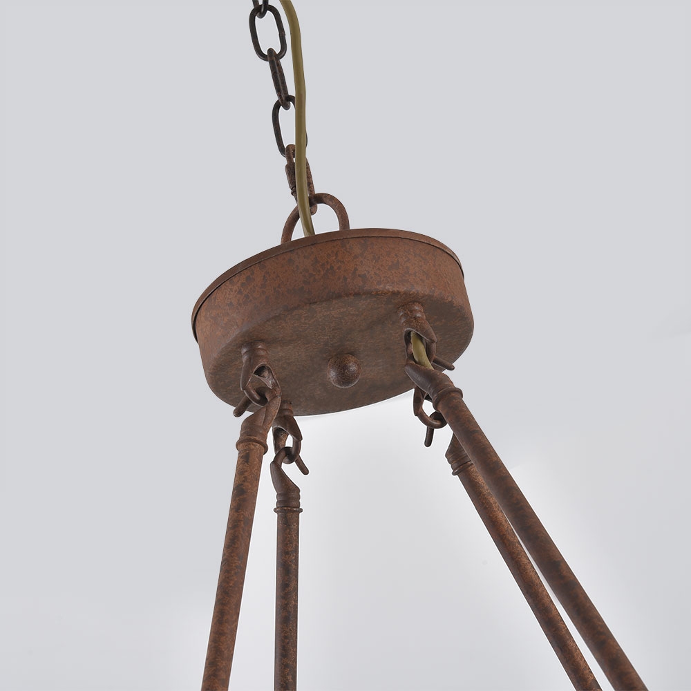 Eolic French Country Antique Mirrored Cylindrical Glass Shade Distressed Wood Frame 8-Light Chandelier Rust Metal window image