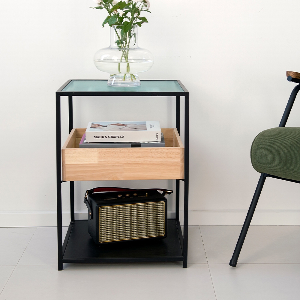 Black Square Side Table with Storage Glass Top End Table window image