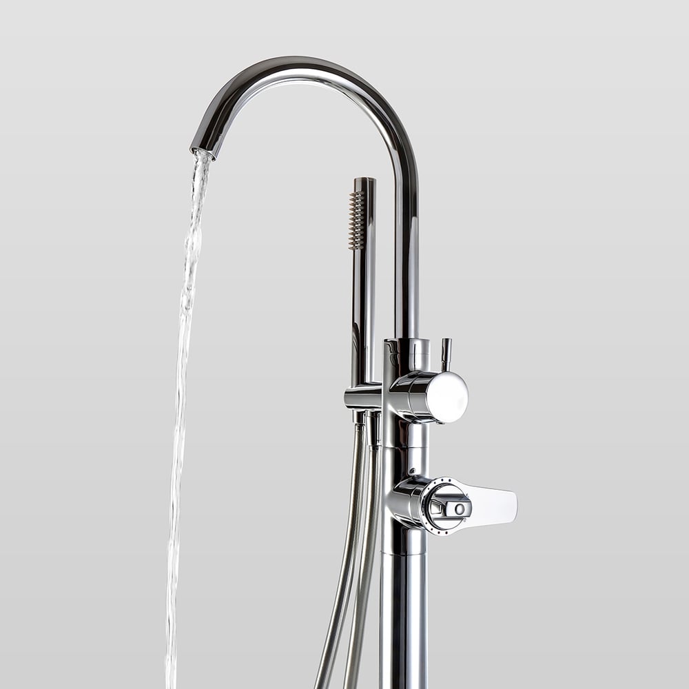 Modern Freestanding Thermostatic Bathtub Faucet High Arc Spout Floor Mount Bathtub Filler with Handshower Polished Chrome window image