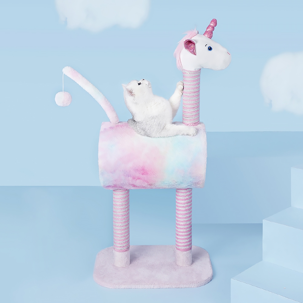 41" Unicorn Cat Tree Tunnel Claw-Scratch Post Sisal Teasing Ball Irridescent window image