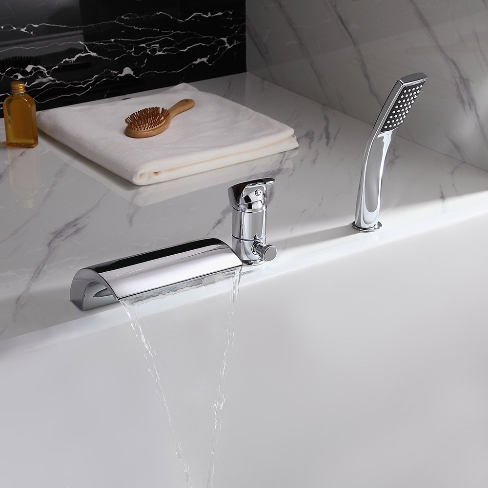 Victoria Deck Mount Single Handle Waterfall Roman Tub Faucet with Handheld Shower in Polished Chrome window image