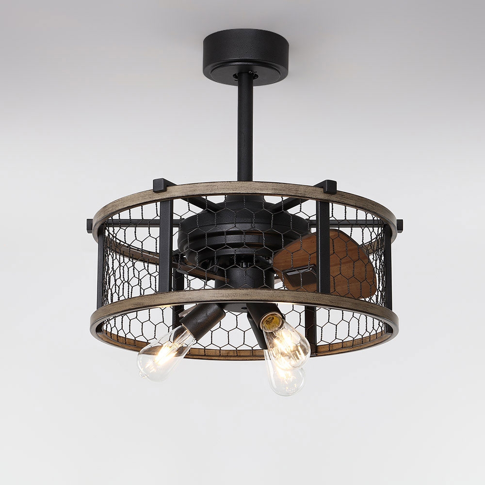 Farmhouse Rustic Reversible Ceiling Fan with Lights 3-Blade Wire Drum Semi Flush Mount Ceiling Fan with Remote window image
