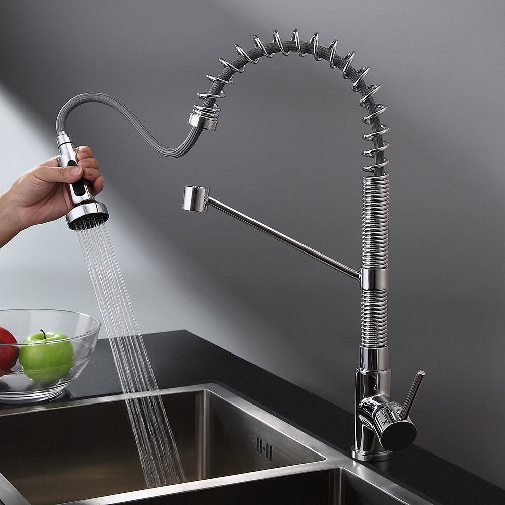 Contemporary Commercial Design Single Handle Dual Function Spring Pull-Out Kitchen Faucet in Chrome window image