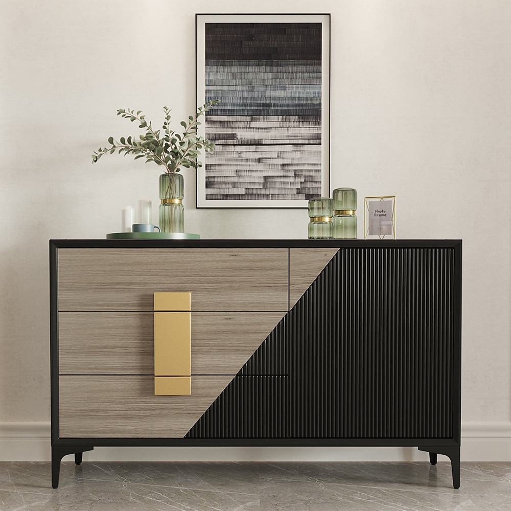 59" Black&Natural Modern Sideboard Buffet with Door&Drawers Sintered Stone Top window image